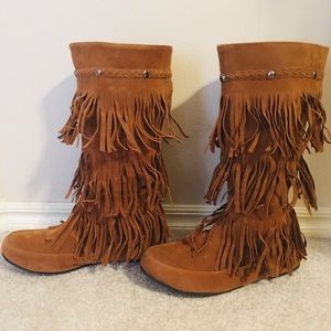 Moccasin Mid-Calf Fringe Boots
